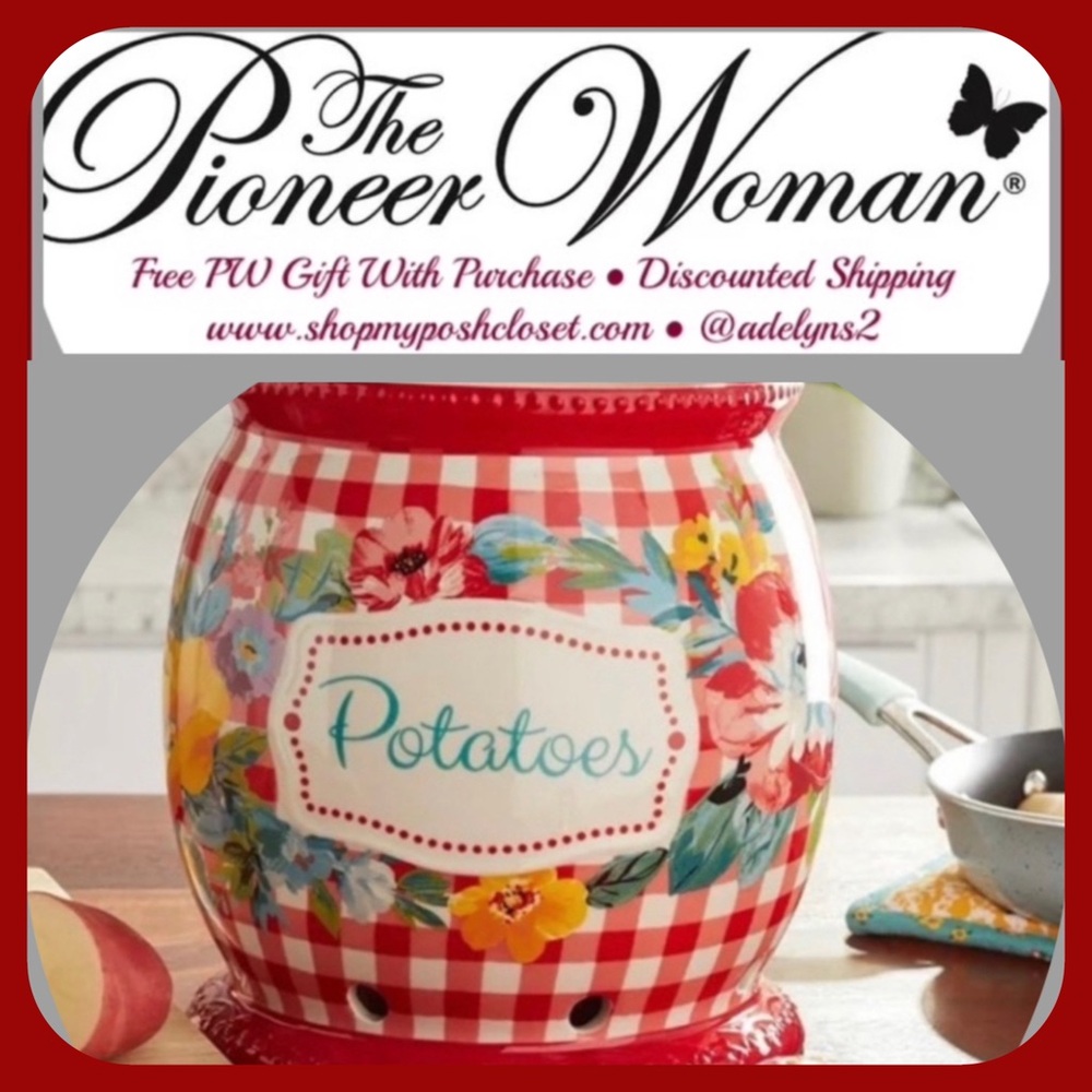 ๐บ New The Pioneer Woman Potato's Vegetable Keeper Canister Red Gingham Checks - Picture 3 of 6